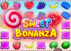 Casino Sweet Bonanza game with colorful candies and fruits.  Haz Casino Online Canada